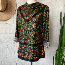 Load image into Gallery viewer, 1970s Black Floral Blouse With Handkerchief Neckline
