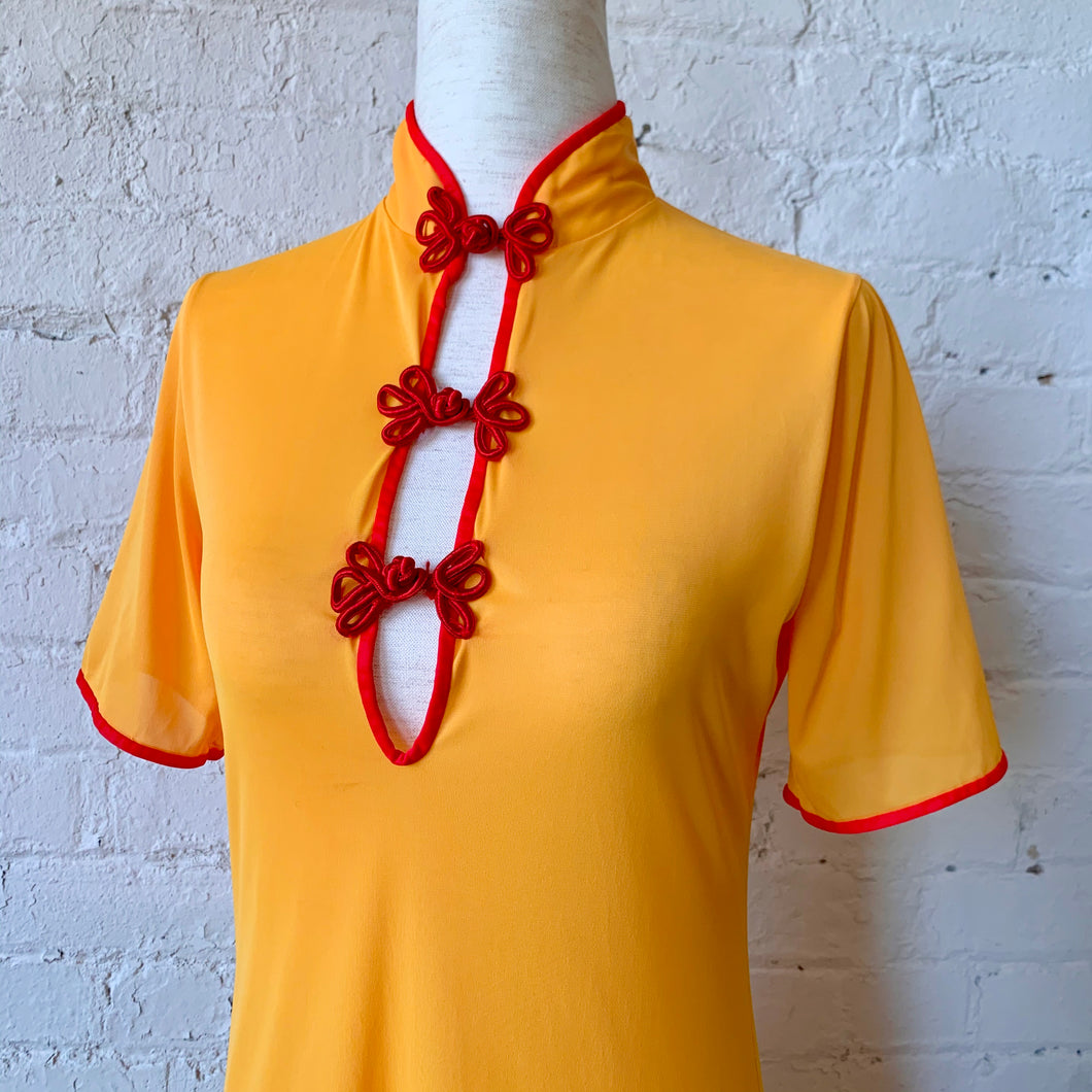 1970s Golden Yellow & Red Mandarin Style Nightgown Maxi Dress