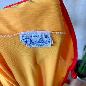 1970s Golden Yellow & Red Mandarin Style Nightgown Maxi Dress