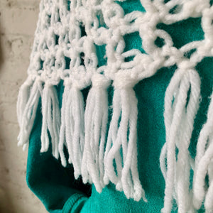 1960s-1970s Hand Crocheted White Fringe Shawl
