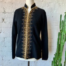 Load image into Gallery viewer, 1950s Cécile Bermuda Micro Beaded Black Lambswool Cardigan
