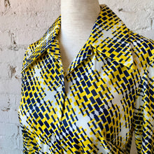 Load image into Gallery viewer, 1970s Navy &amp; Yellow Op Art Belted Long Sleeve Blouse
