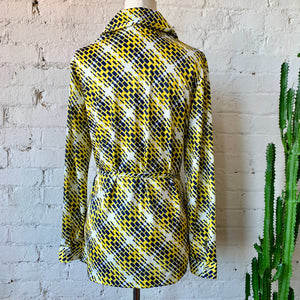 1970s Navy & Yellow Op Art Belted Long Sleeve Blouse