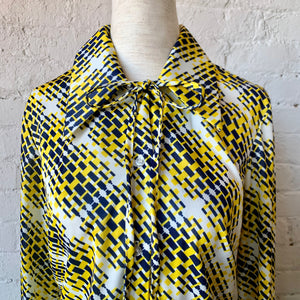 1970s Navy & Yellow Op Art Belted Long Sleeve Blouse