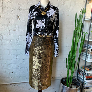 1980s Gold Lamé With Black Brocade Pencil Skirt