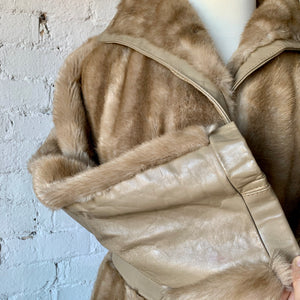 1960s Faux Mink Fur & Leather Belted Coat