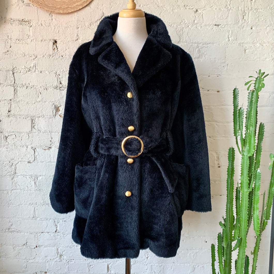 1970s Black Faux Fur Belted Coat