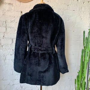 1970s Black Faux Fur Belted Coat