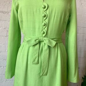 1960s Bright Chartreuse Green Long Sleeve Linen Dress