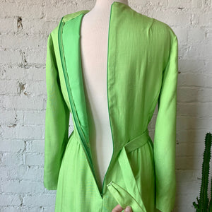 1960s Bright Chartreuse Green Long Sleeve Linen Dress