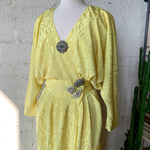 1980s Yellow Illusion Print Wrap Dress