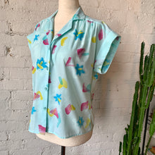 Load image into Gallery viewer, 1980s Jewel Tone Abstract Print Short Sleeve Button Up Blouse
