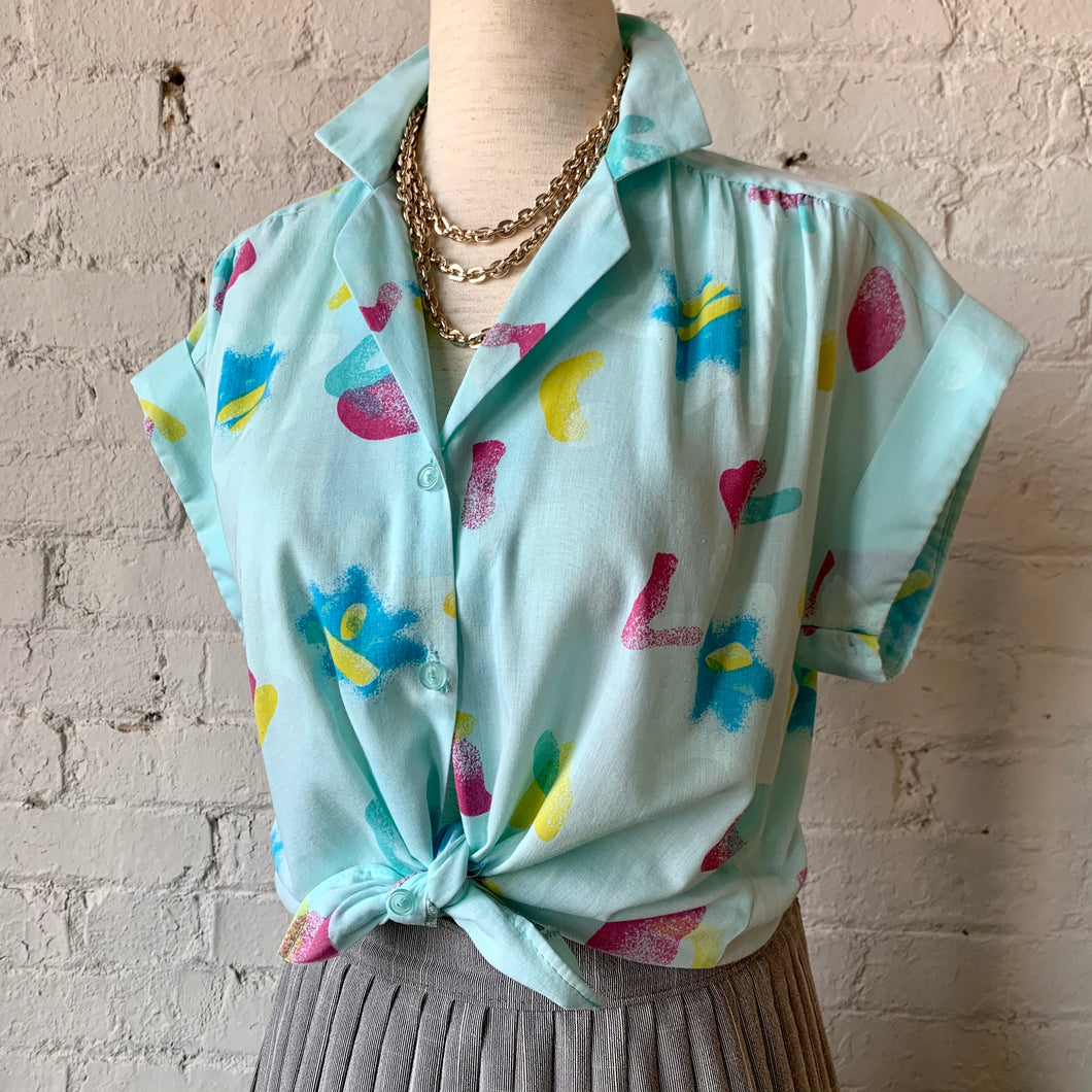 1980s Jewel Tone Abstract Print Short Sleeve Button Up Blouse