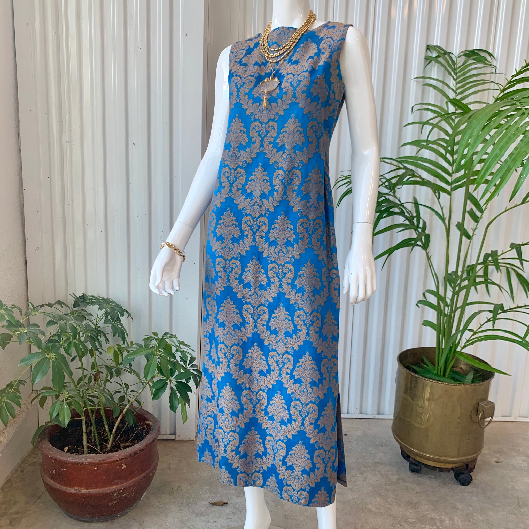 1960s Handmade French Blue & Matte Gold Damask Brocade Maxi Dress Eyes of Wise 1960s Handmade French Blue & Matte Gold Damask Brocade Maxi Dress Eyes of Wise