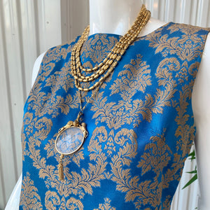1960s Handmade French Blue & Matte Gold Damask Brocade Maxi Dress