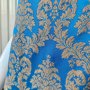 1960s Handmade French Blue & Matte Gold Damask Brocade Maxi Dress