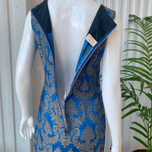 Load image into Gallery viewer, 1960s Handmade French Blue &amp; Matte Gold Damask Brocade Maxi Dress
