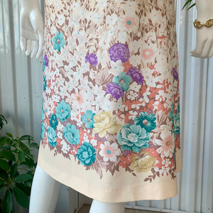 1970s Pastel Peach & Spring Floral Midi Dress
