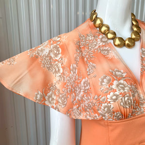 1970s Peachy Perfection Maxi Dress With Floral Bodice