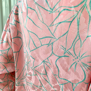 1980s Long Sleeve Flora Kung Blush Pink With Turquoise Floral Design & Trim Silk Midi Dress