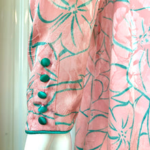 Load image into Gallery viewer, 1980s Long Sleeve Flora Kung Blush Pink With Turquoise Floral Design &amp; Trim Silk Midi Dress
