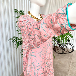 1980s Long Sleeve Flora Kung Blush Pink With Turquoise Floral Design & Trim Silk Midi Dress