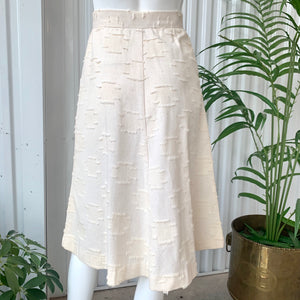 70s Oatmeal Color Textured Linen Midi Skirt With Belt