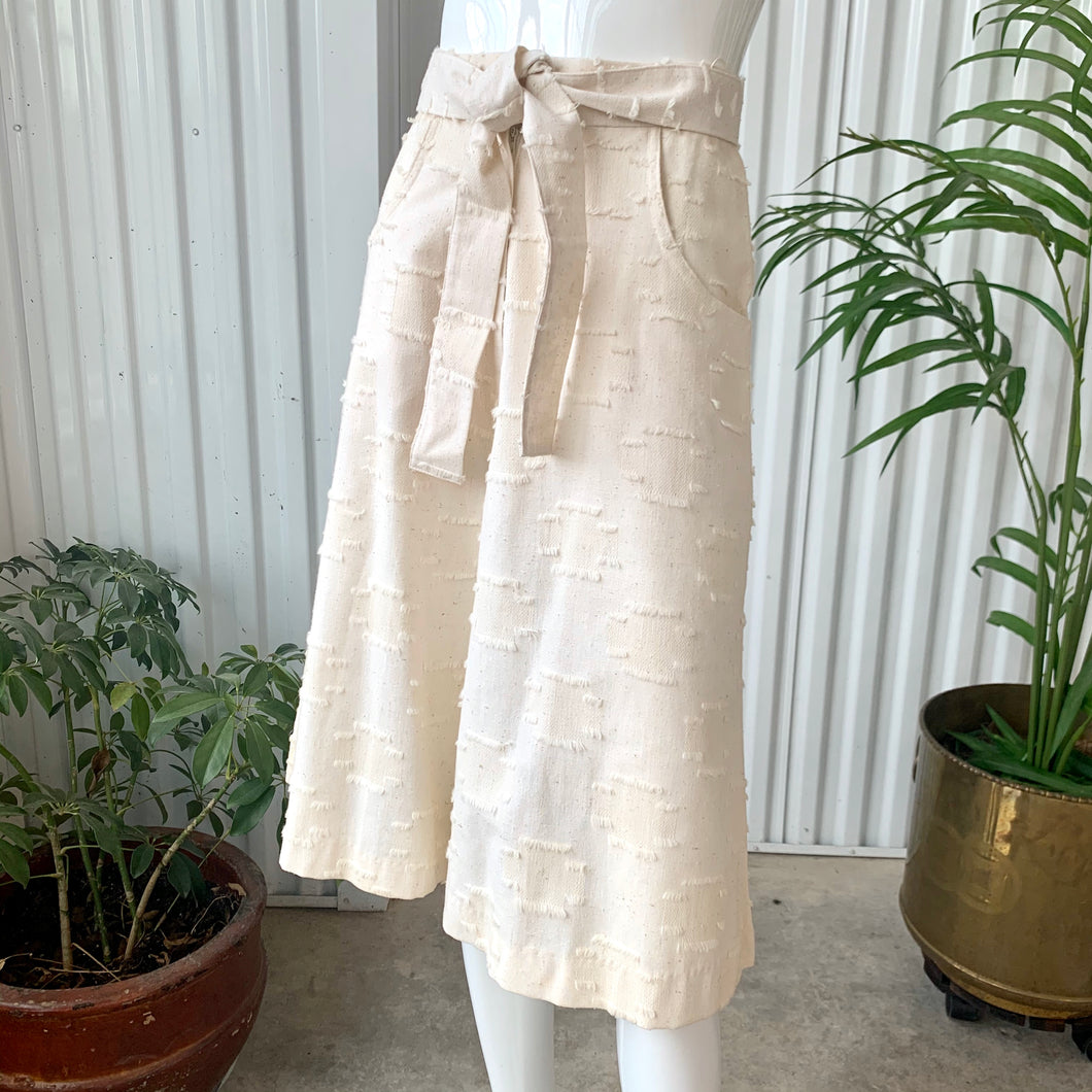 70s Oatmeal Color Textured Linen Midi Skirt With Belt