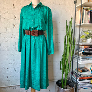 1980s Emerald Long Sleeve Dress With Illusion Animal Print