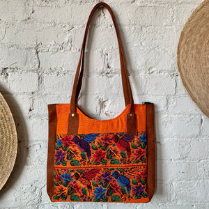 1990s Orange Canvas & Faux Suede Tote Bag with Cross Stitch Floral & Hummingbird Embroidery