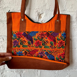 1990s Orange Canvas & Faux Suede Tote Bag with Cross Stitch Floral & Hummingbird Embroidery