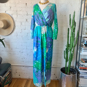 1960s-70s Handmade Abstract Watercolor Long Sleeve Maxi Dress