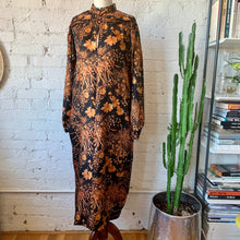 Load image into Gallery viewer, 1970s Handmade Black Long Sleeve Maxi Dress/Kaftan With Orange Floral Print
