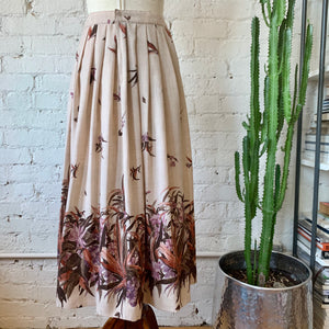 1970s Handmade Natural Linen Midi Skirt With Floral Print