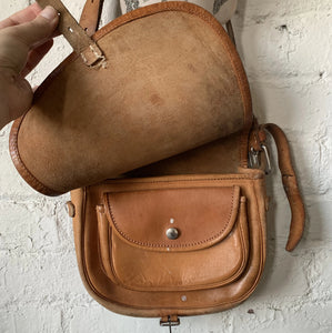 1970s Camel Color Leather Saddle Bag