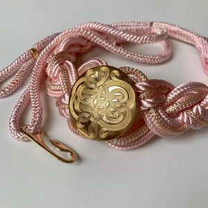 1980s Pink Braided Rope Belt with Engraved Gold Medallion